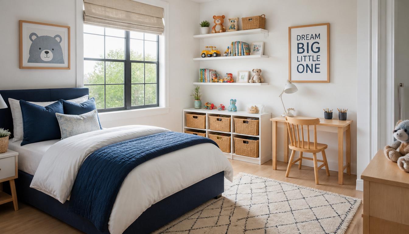 Organized children's bedroom with toys in bins, a kids' desk, and a neatly made bed