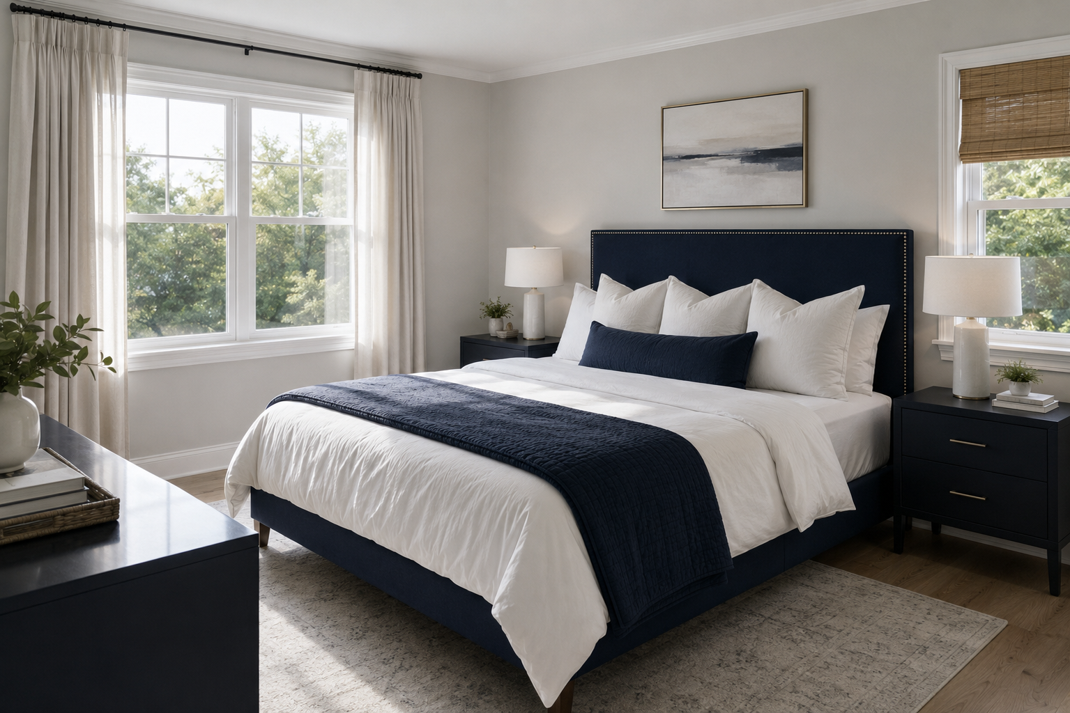 Calm navy bedroom interior