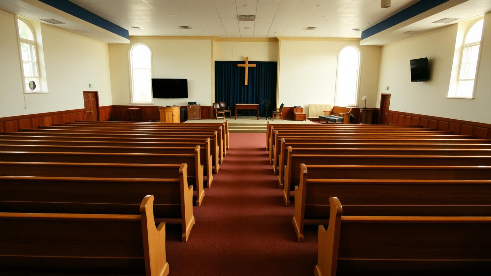 Church assembly hall with wooden pews