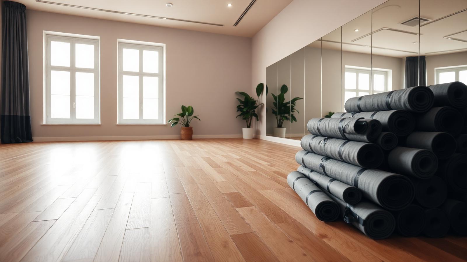 Serene yoga studio with wooden floor and mirrored wall