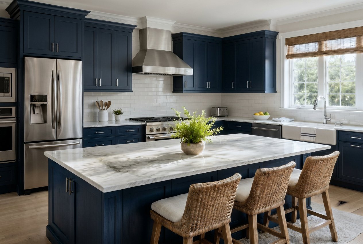 Bright modern kitchen with navy cabinetry